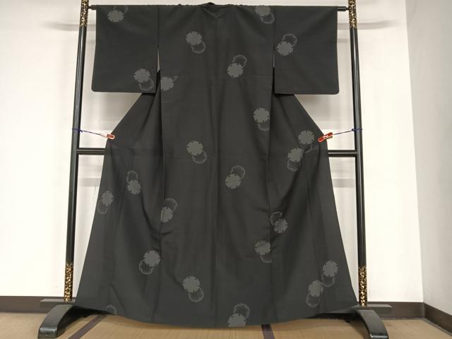 平和屋着物▽本塩沢 単衣 雪輪 黒地 正絹 逸品 AABB1375np
