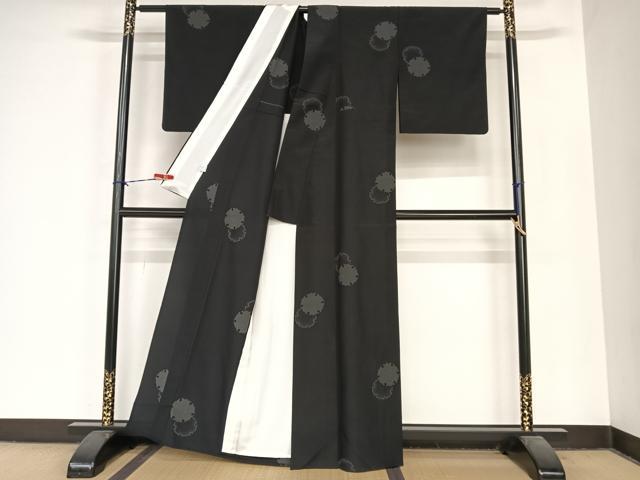 平和屋着物▽本塩沢 単衣 雪輪 黒地 正絹 逸品 AABB1375np