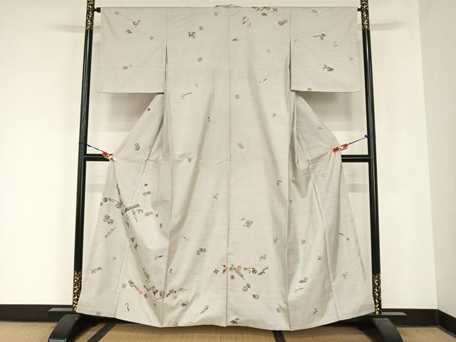 平和屋着物●総刺繍　本場大島紬　訪問着　白大島　吉祥文　金糸　正絹　逸品　未使用　AABB1387np