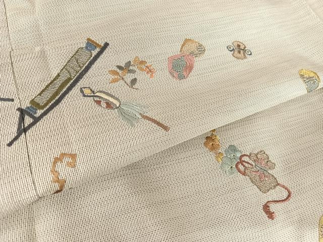 平和屋着物●総刺繍　本場大島紬　訪問着　白大島　吉祥文　金糸　正絹　逸品　未使用　AABB1387np