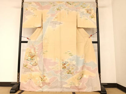 平和屋着物●創業460年・千總 訪問着 駒刺繍 貝桶草花文 暈し染め 金彩 丹後ちりめん 金彩 正絹 逸品 未使用 AABB1397np