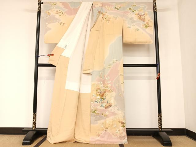 平和屋着物●創業460年・千總 訪問着 駒刺繍 貝桶草花文 暈し染め 金彩 丹後ちりめん 金彩 正絹 逸品 未使用 AABB1397np