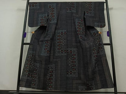 平和屋着物▽結城ちぢみ 単衣 80亀甲 草花文 正絹 逸品 AABB1403jh