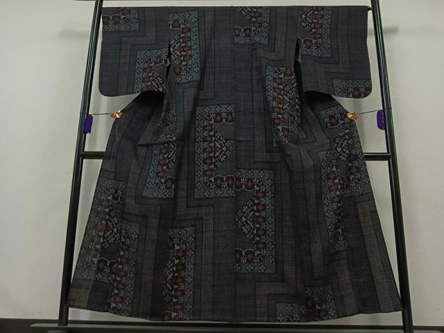 平和屋着物▽結城ちぢみ 単衣 80亀甲 草花文 正絹 逸品 AABB1403jh