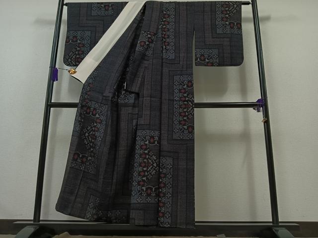 平和屋着物▽結城ちぢみ 単衣 80亀甲 草花文 正絹 逸品 AABB1403jh