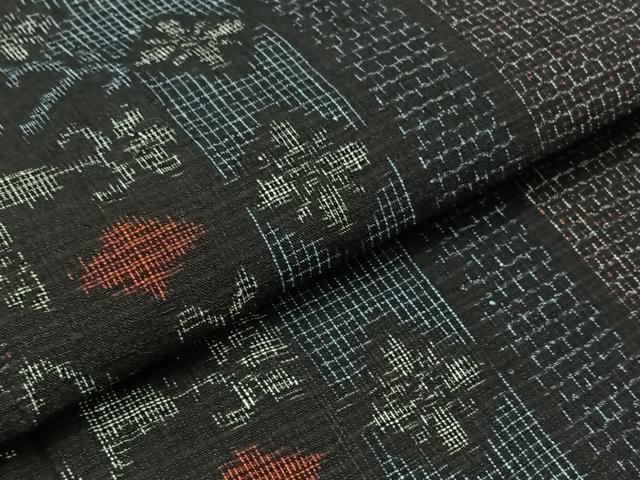 平和屋着物▽結城ちぢみ 単衣 80亀甲 草花文 正絹 逸品 AABB1403jh