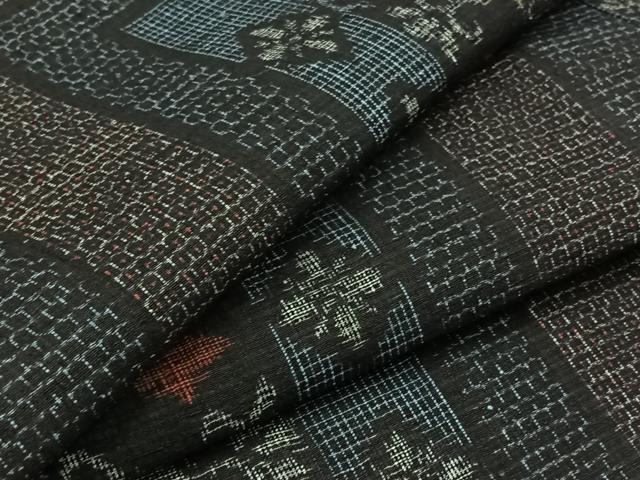 平和屋着物▽結城ちぢみ 単衣 80亀甲 草花文 正絹 逸品 AABB1403jh