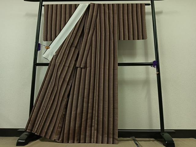 平和屋着物▽上質な紬 単衣 縞 まるやま扱い 正絹 逸品 未使用 AABB1408jh