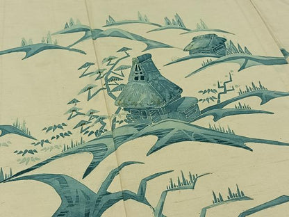 平和屋着物▽訪問着 単衣 紬地 風景文 正絹 逸品 AABB1409jh