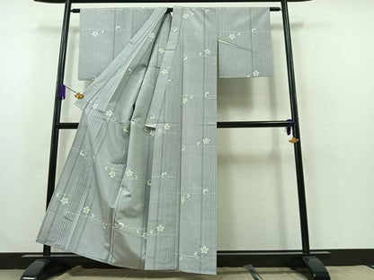 平和屋着物▽上質な紬 単衣 草花文 正絹 逸品 AABB1410jh
