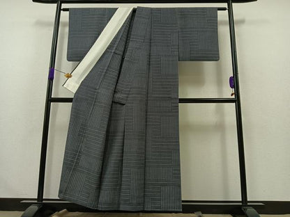 平和屋着物▽本塩沢 単衣 幾何学文様 正絹 逸品 AABB1413jh