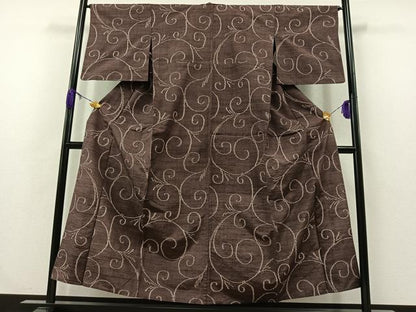 平和屋着物▽上質な紬 単衣 唐草文 正絹 逸品 AABB1414jh