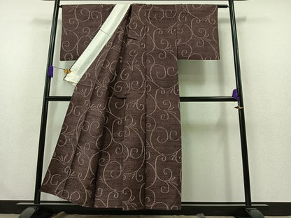 平和屋着物▽上質な紬 単衣 唐草文 正絹 逸品 AABB1414jh