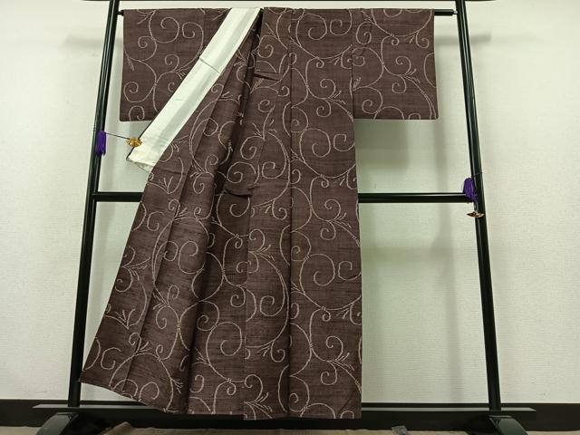 平和屋着物▽上質な紬 単衣 唐草文 正絹 逸品 AABB1414jh