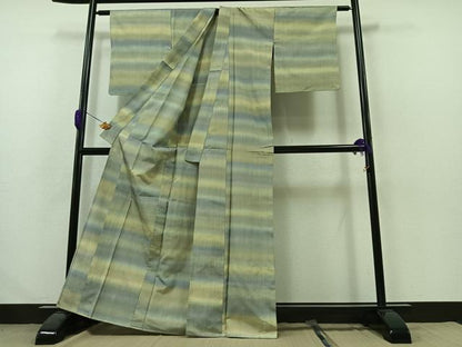 平和屋着物▽上質な紬 単衣 横段文 正絹 逸品 AABB1419jh