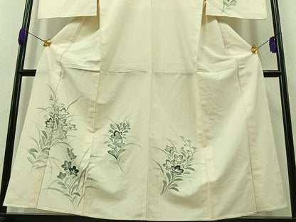 平和屋着物▽訪問着　単衣　紬地　手描き　草花文　正絹　逸品　AABB1421jh