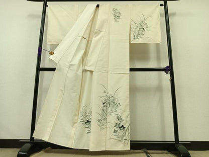 平和屋着物▽訪問着　単衣　紬地　手描き　草花文　正絹　逸品　AABB1421jh