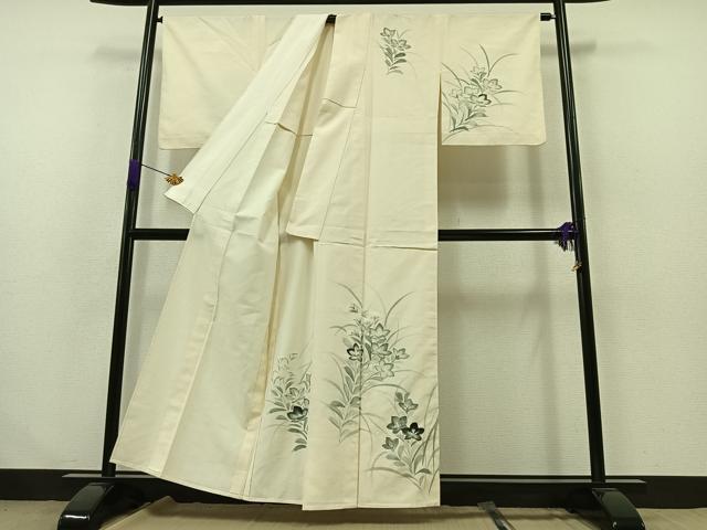 平和屋着物▽訪問着　単衣　紬地　手描き　草花文　正絹　逸品　AABB1421jh