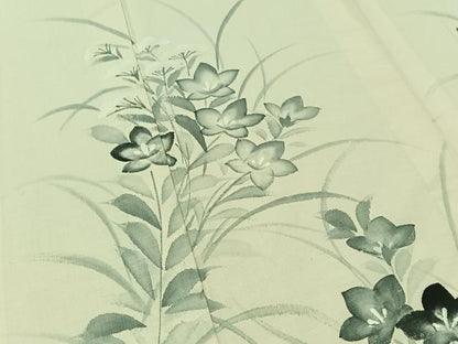 平和屋着物▽訪問着　単衣　紬地　手描き　草花文　正絹　逸品　AABB1421jh