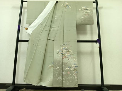 平和屋着物▽訪問着 単衣 飛鶴立波風景文 暈し染め 金彩 正絹 逸品 AABB1423jh