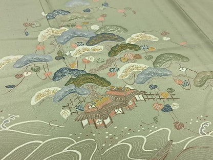 平和屋着物▽訪問着 単衣 飛鶴立波風景文 暈し染め 金彩 正絹 逸品 AABB1423jh