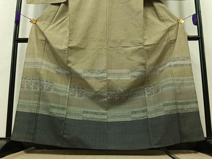 平和屋着物▽訪問着 単衣 紬地 横段花文 正絹 逸品 AABB1424jh