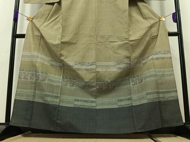 平和屋着物▽訪問着 単衣 紬地 横段花文 正絹 逸品 AABB1424jh