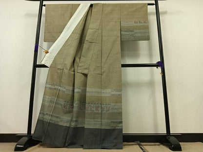 平和屋着物▽訪問着 単衣 紬地 横段花文 正絹 逸品 AABB1424jh
