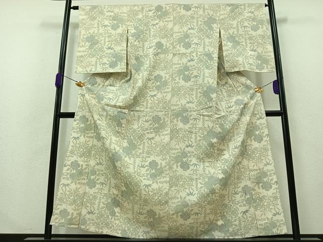 平和屋着物▽本塩沢 単衣 草花文 正絹 逸品 AABB1430jh