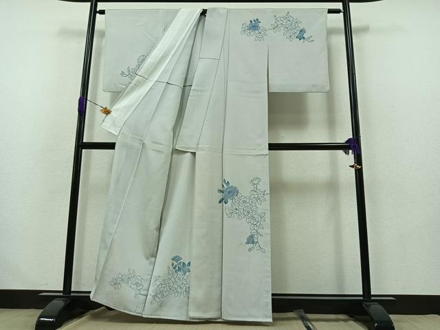 平和屋着物▽訪問着 単衣 お召地 手書き 草花文 正絹 逸品 AABB1431jh