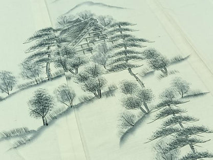 平和屋着物▽訪問着 単衣 作家物 紬地 手書き 風景文 正絹 逸品 AABB1434jh