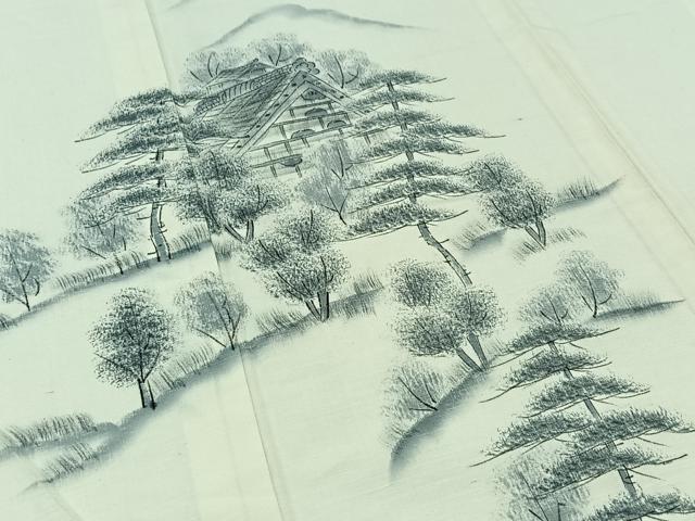 平和屋着物▽訪問着 単衣 作家物 紬地 手書き 風景文 正絹 逸品 AABB1434jh
