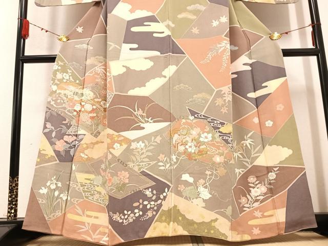 平和屋着物●創業460年・千總　訪問着　友禅　草花文　金彩　鬼しぼ縮緬　正絹　逸品　AABB1495ph