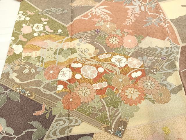 平和屋着物●創業460年・千總　訪問着　友禅　草花文　金彩　鬼しぼ縮緬　正絹　逸品　AABB1495ph