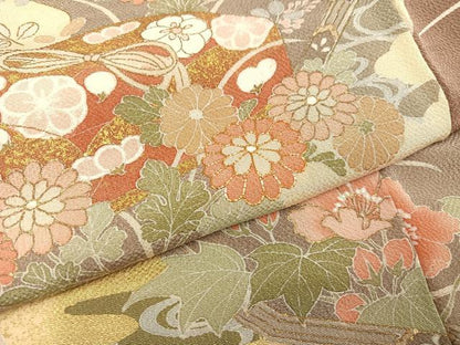 平和屋着物●創業460年・千總　訪問着　友禅　草花文　金彩　鬼しぼ縮緬　正絹　逸品　AABB1495ph