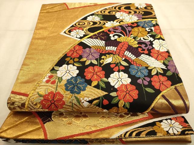 平和屋着物◎六通柄袋帯 唐織 扇面花鳥文 黒地 金糸 正絹 逸品 AABB1523dt