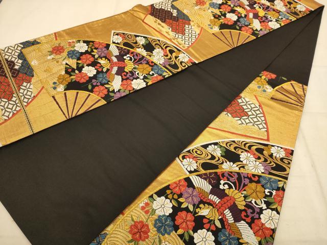 平和屋着物◎六通柄袋帯 唐織 扇面花鳥文 黒地 金糸 正絹 逸品 AABB1523dt