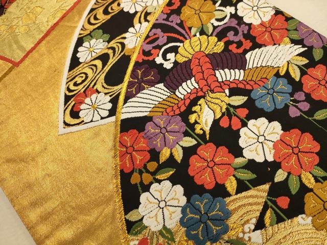 平和屋着物◎六通柄袋帯 唐織 扇面花鳥文 黒地 金糸 正絹 逸品 AABB1523dt