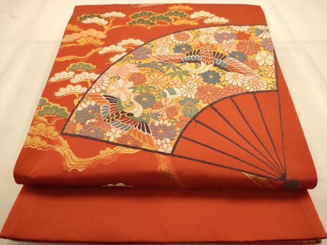 平和屋着物◎六通柄袋帯 唐織 扇面花鳥文 金糸 正絹 逸品 AABB1541dt