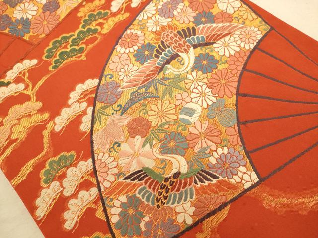 平和屋着物◎六通柄袋帯 唐織 扇面花鳥文 金糸 正絹 逸品 AABB1541dt
