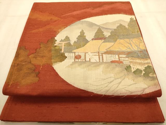平和屋着物◎太鼓柄袋帯 紬地 風景文 正絹 逸品 AABB1543dt