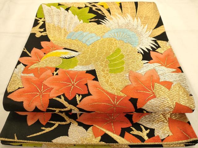 平和屋着物◎六通柄袋帯 唐織 花鳥文 黒地 金銀糸 正絹 逸品