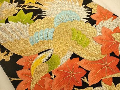 平和屋着物◎六通柄袋帯 唐織 花鳥文 黒地 金銀糸 正絹 逸品 AABB1548dt
