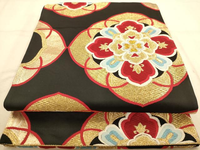 平和屋着物◎六通柄袋帯　舞花文　黒地　金銀糸　正絹　逸品　AABB1559dt