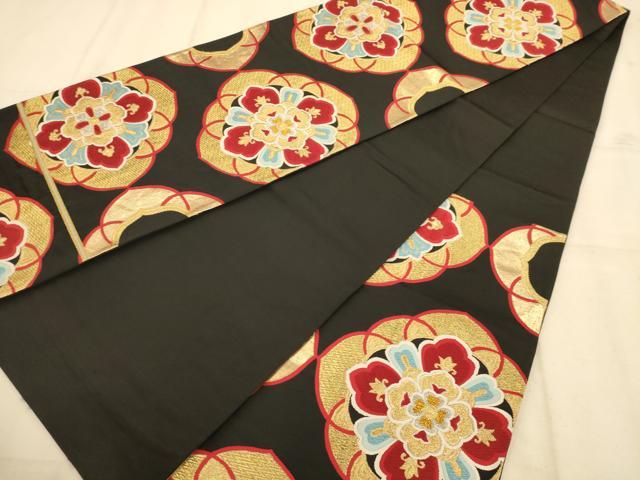 平和屋着物◎六通柄袋帯　舞花文　黒地　金銀糸　正絹　逸品　AABB1559dt