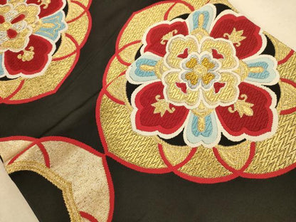 平和屋着物◎六通柄袋帯　舞花文　黒地　金銀糸　正絹　逸品　AABB1559dt