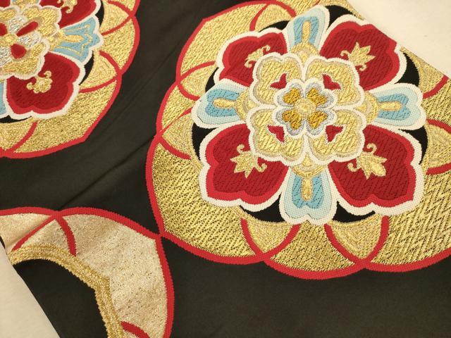 平和屋着物◎六通柄袋帯　舞花文　黒地　金銀糸　正絹　逸品　AABB1559dt