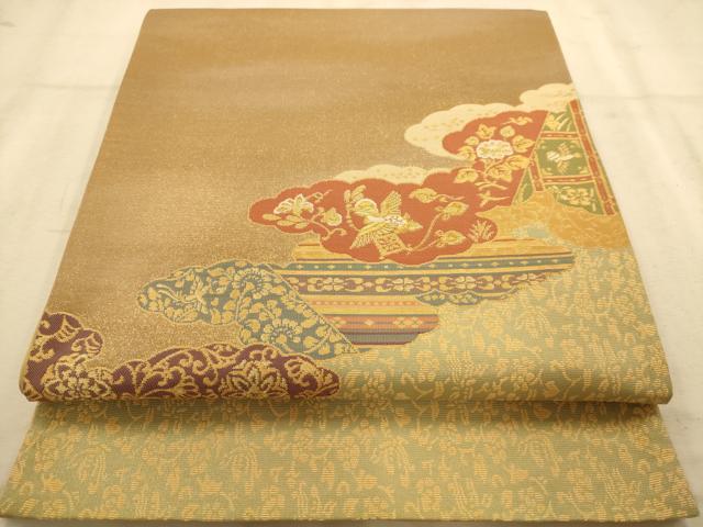 平和屋着物◎太鼓柄袋帯 唐織 更紗花鳥文 金糸 正絹 逸品 AABB1588dt