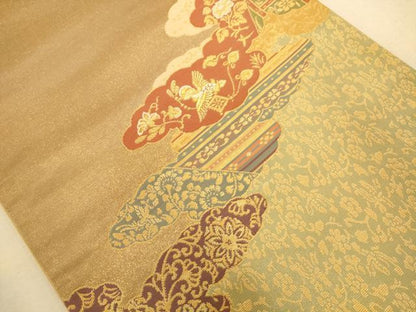 平和屋着物◎太鼓柄袋帯 唐織 更紗花鳥文 金糸 正絹 逸品 AABB1588dt