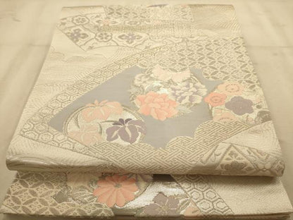 平和屋着物◎六通柄袋帯 唐織 地紙重ね花文 プラチナ箔二重織 正絹 逸品 AABB1596dt